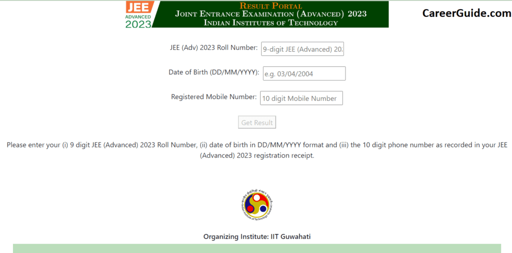 Jee Advanced Result Login Page