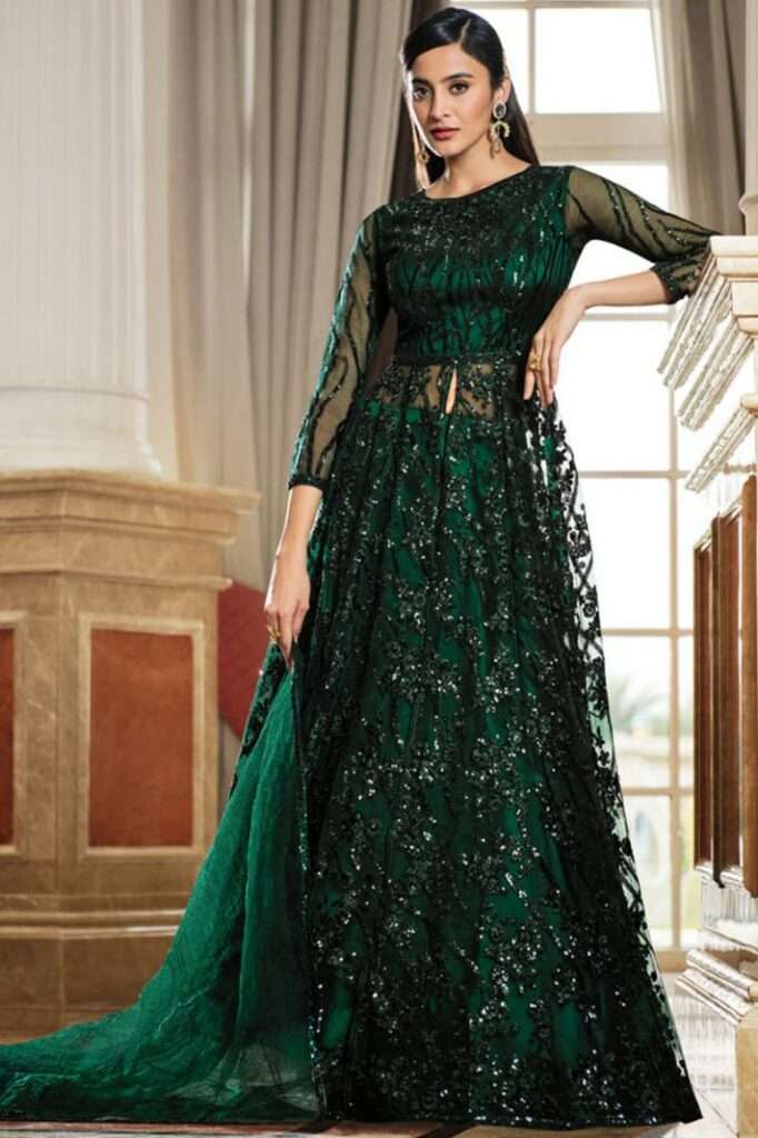 Mehndi Functional Net Fabric Anarkali Suit In Green Color Salv3910