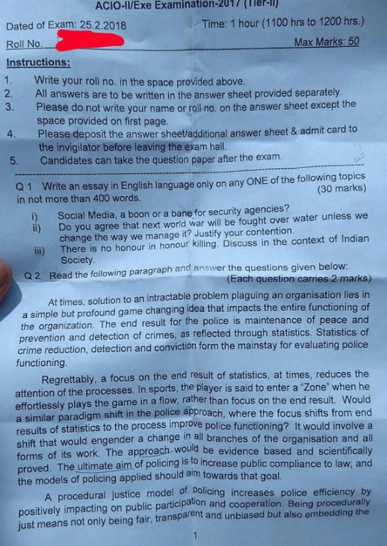 Ib Acio Previous Year Paper 2